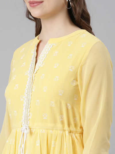 Neerus Yellow Georgette Straight Casual Ethnic Motifs Maxi Dresses