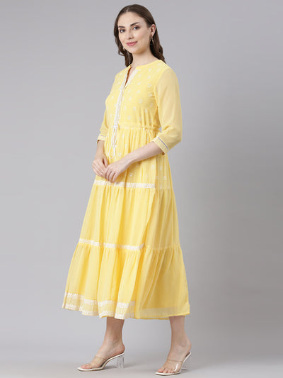 Neerus Yellow Georgette Straight Casual Ethnic Motifs Maxi Dresses