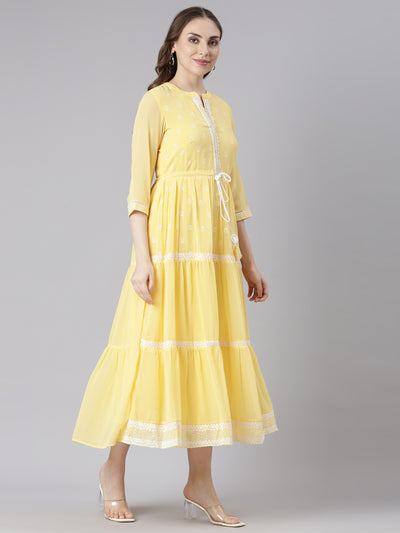 Neerus Yellow Georgette Straight Casual Ethnic Motifs Maxi Dresses