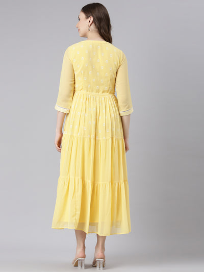 Neerus Yellow Georgette Straight Casual Ethnic Motifs Maxi Dresses