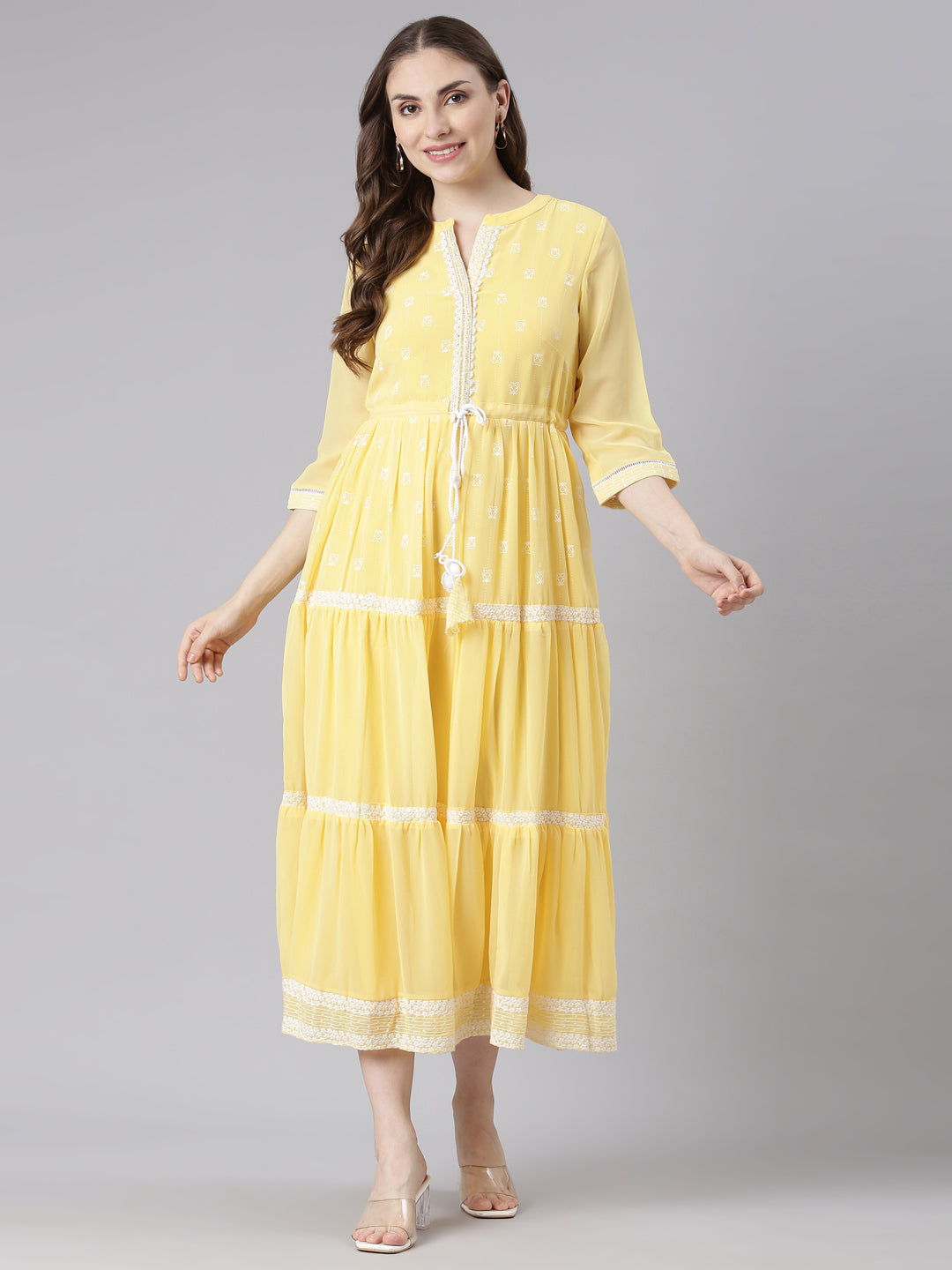 Neerus Yellow Georgette Straight Casual Ethnic Motifs Maxi Dresses