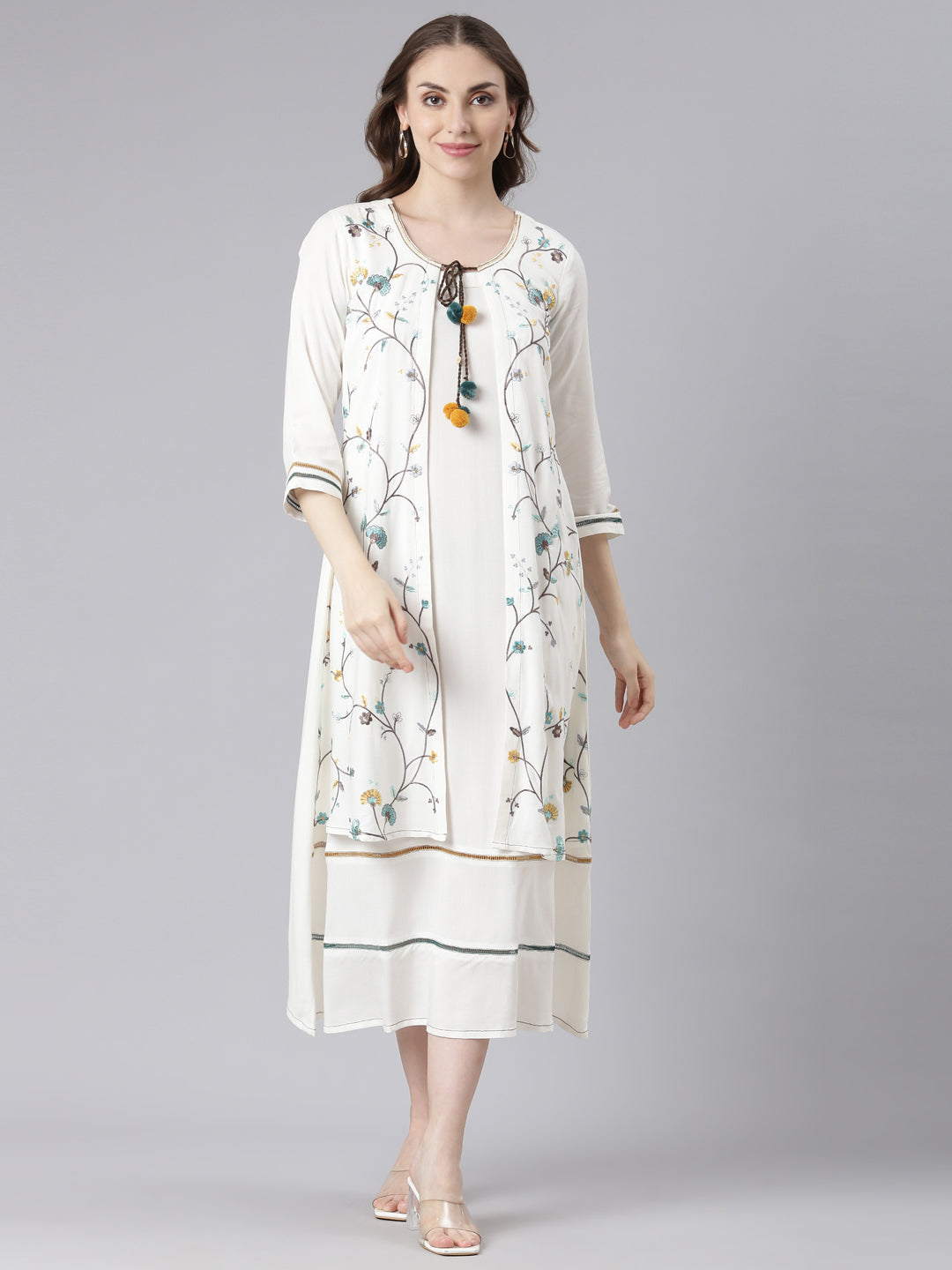 Neerus White Rayon Curved Casual Floral Anarkali Kurtas