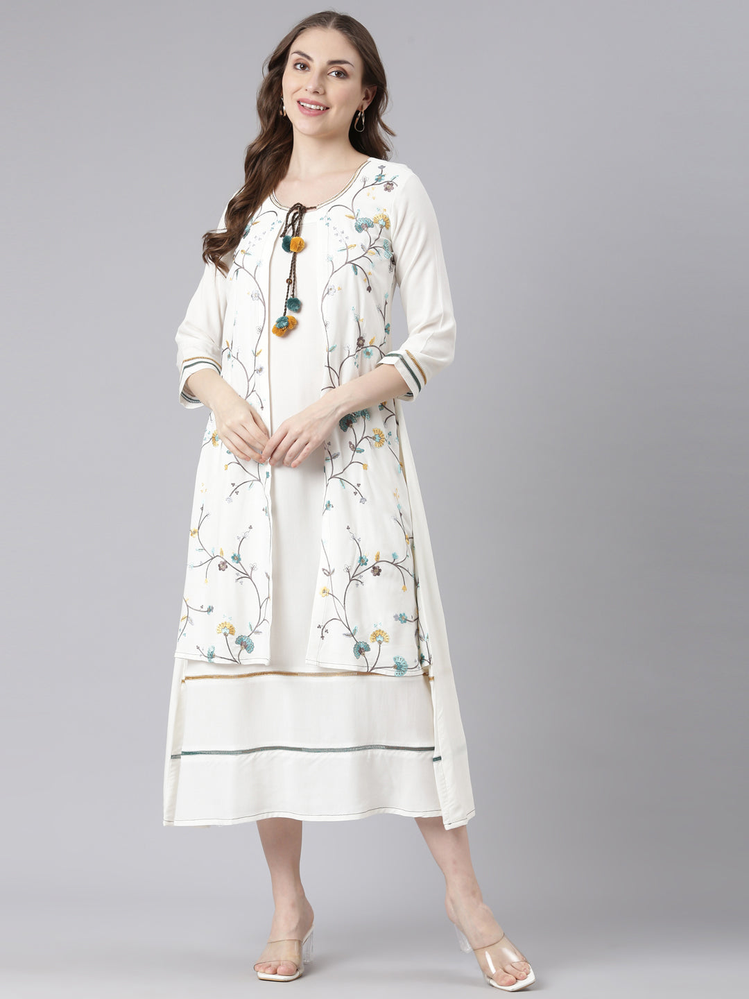 Neerus White Rayon Curved Casual Floral Anarkali Kurtas