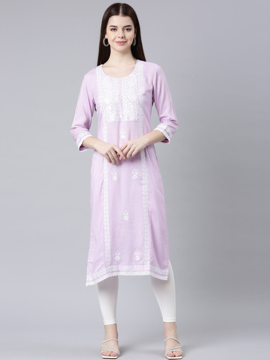 Neerus Lavender Straight Casual Floral Straight Kurtas