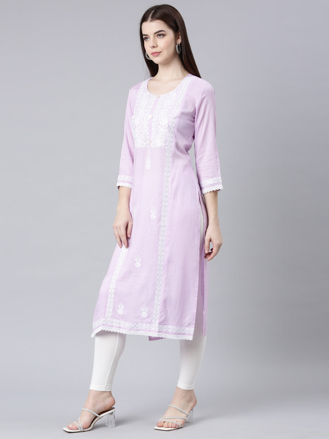 Neerus Lavender Straight Casual Floral Straight Kurtas