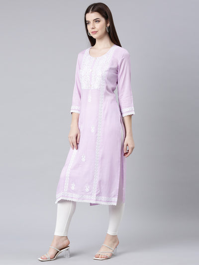 Neerus Lavender Straight Casual Floral Straight Kurtas