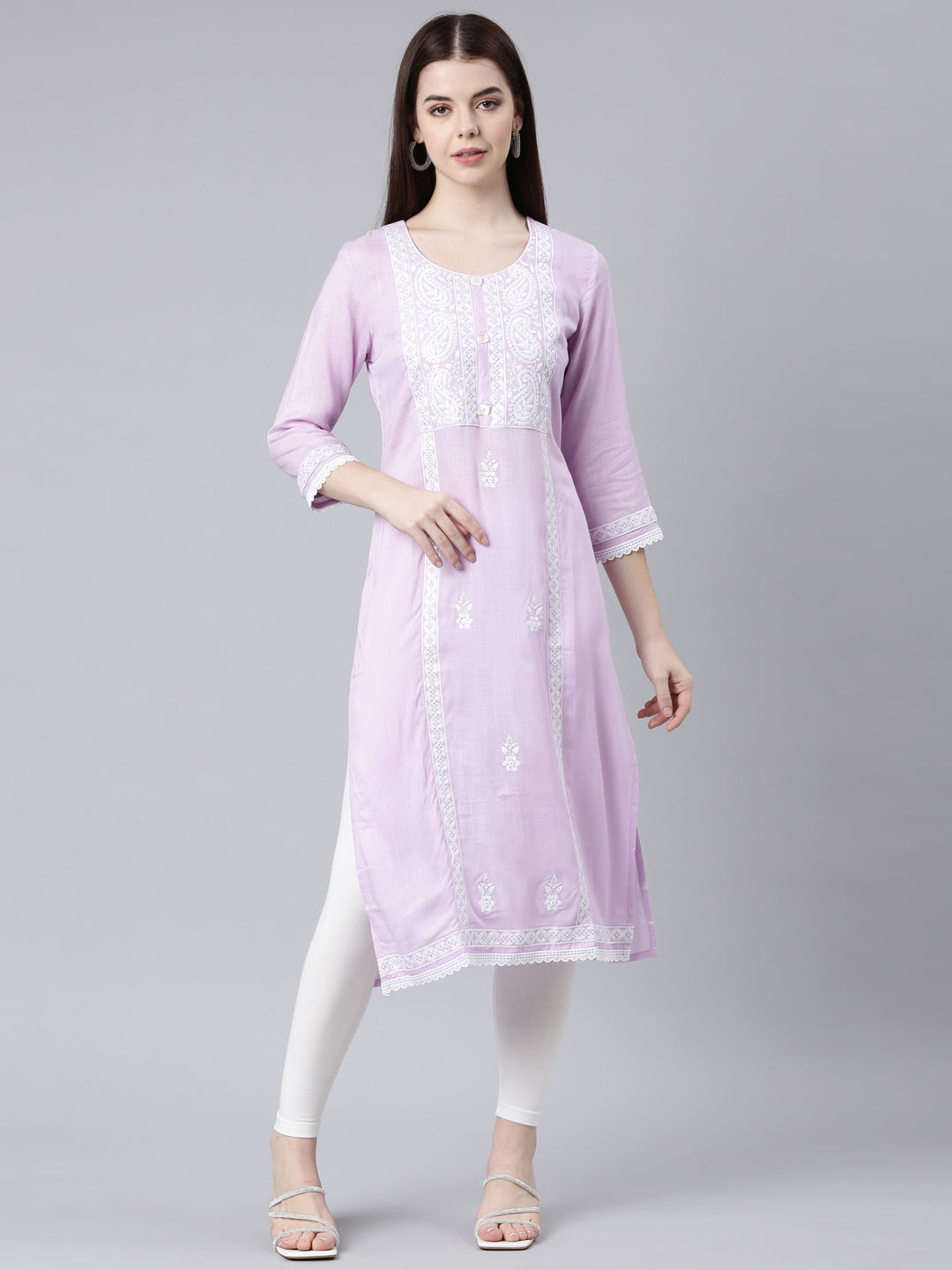 Neerus Lavender Straight Casual Floral Straight Kurtas