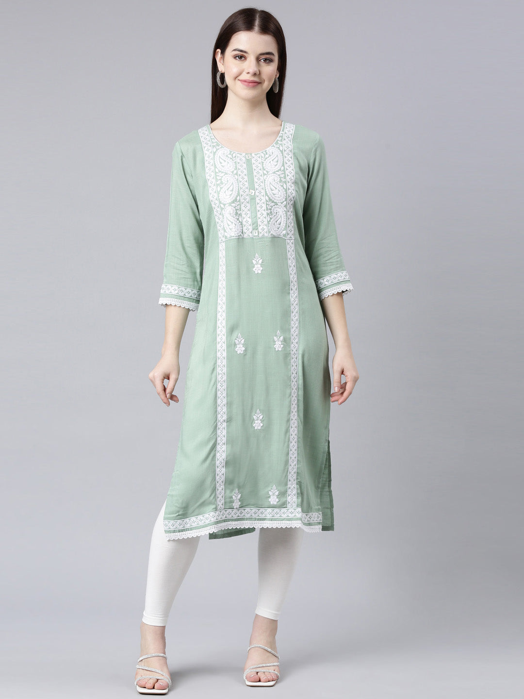 Neerus Green Straight Casual Floral Straight Kurtas