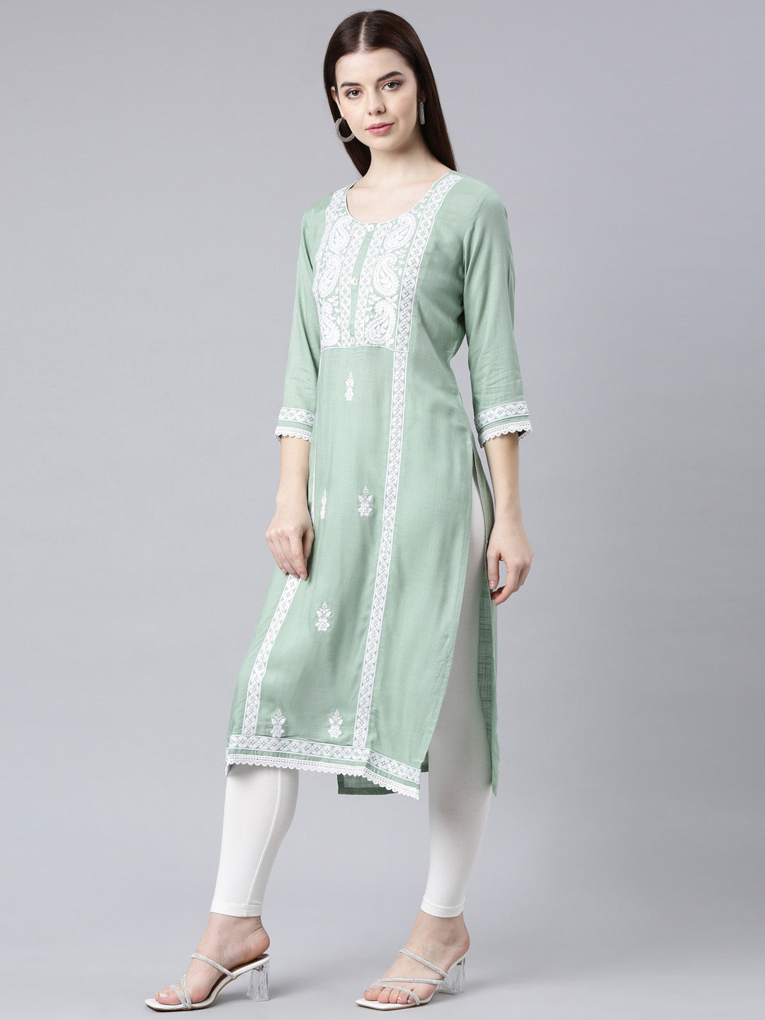 Neerus Green Straight Casual Floral Straight Kurtas