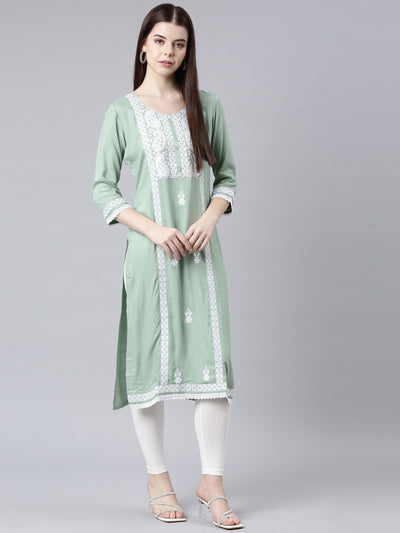 Neerus Green Straight Casual Floral Straight Kurtas