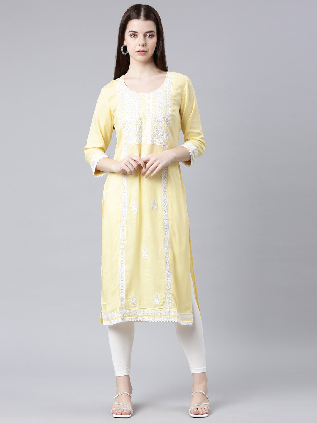 Neerus Yellow Straight Casual Floral Straight Kurtas