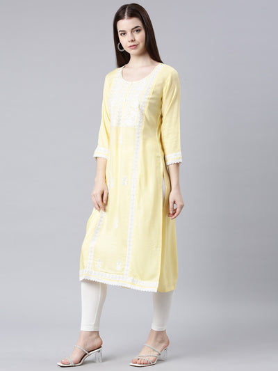 Neerus Yellow Straight Casual Floral Straight Kurtas