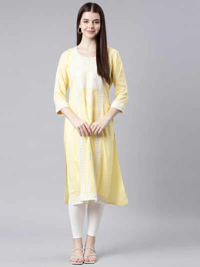 Neerus Yellow Straight Casual Floral Straight Kurtas