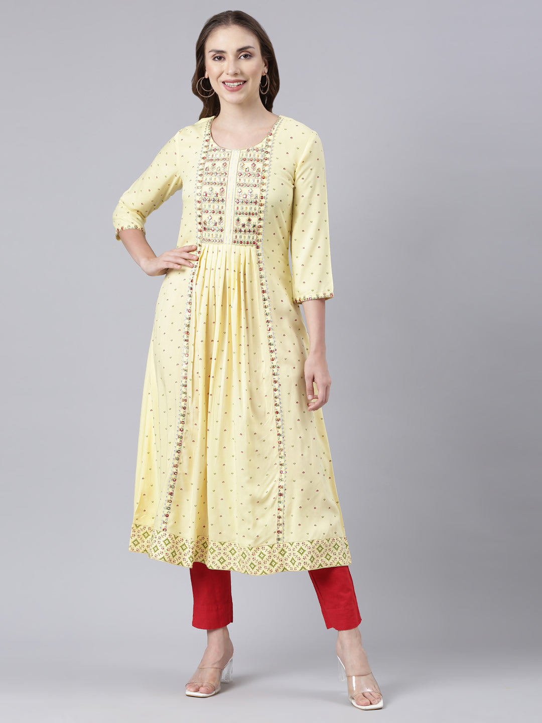 Neerus Yellow Panelled Anarkali Floral Kurtas