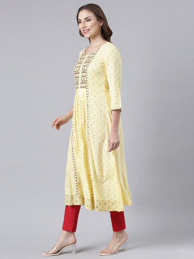 Neerus Yellow Panelled Anarkali Floral Kurtas