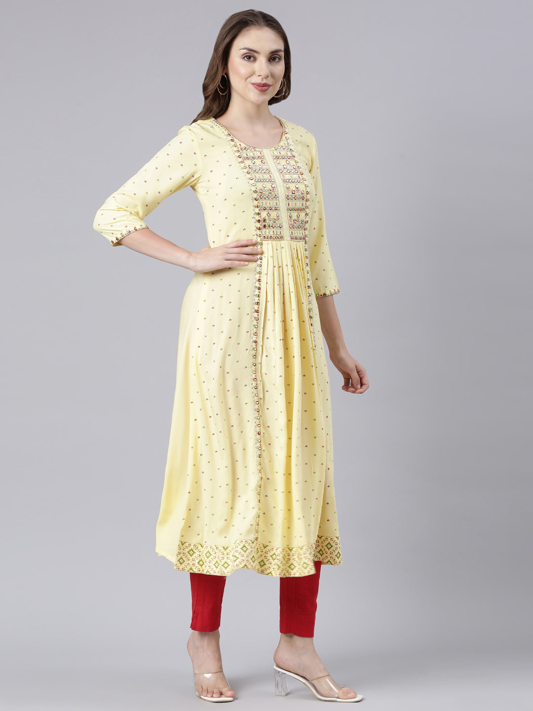 Neerus Yellow Panelled Anarkali Floral Kurtas