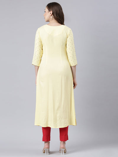 Neerus Yellow Panelled Anarkali Floral Kurtas