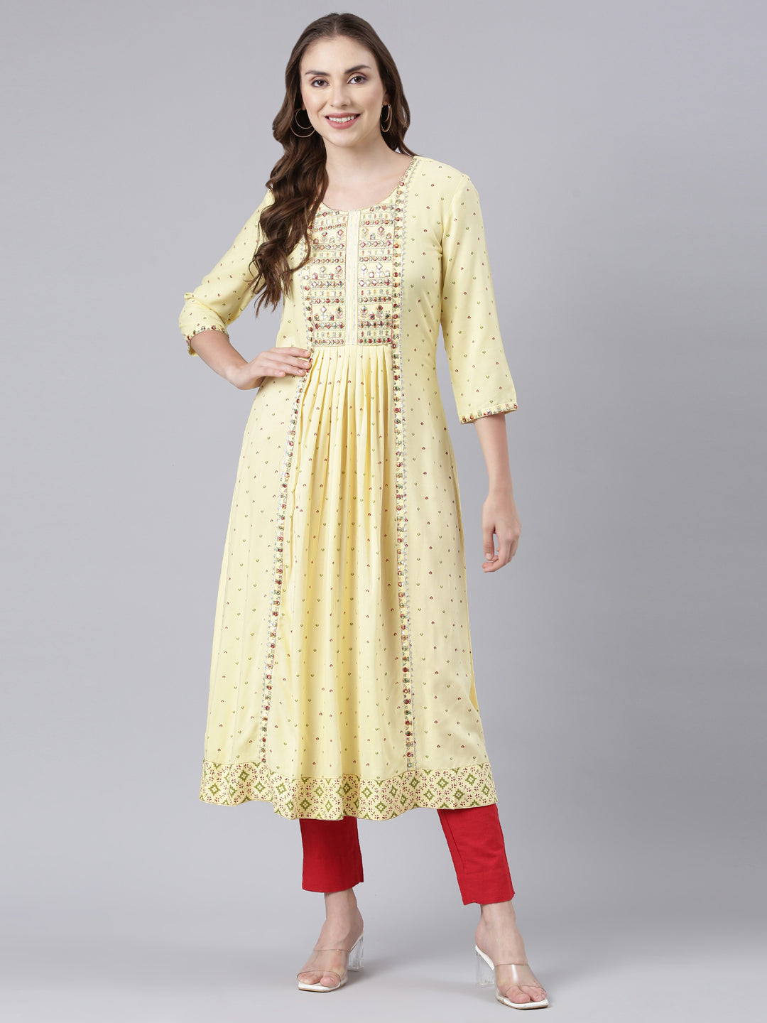 Neerus Yellow Panelled Anarkali Floral Kurtas