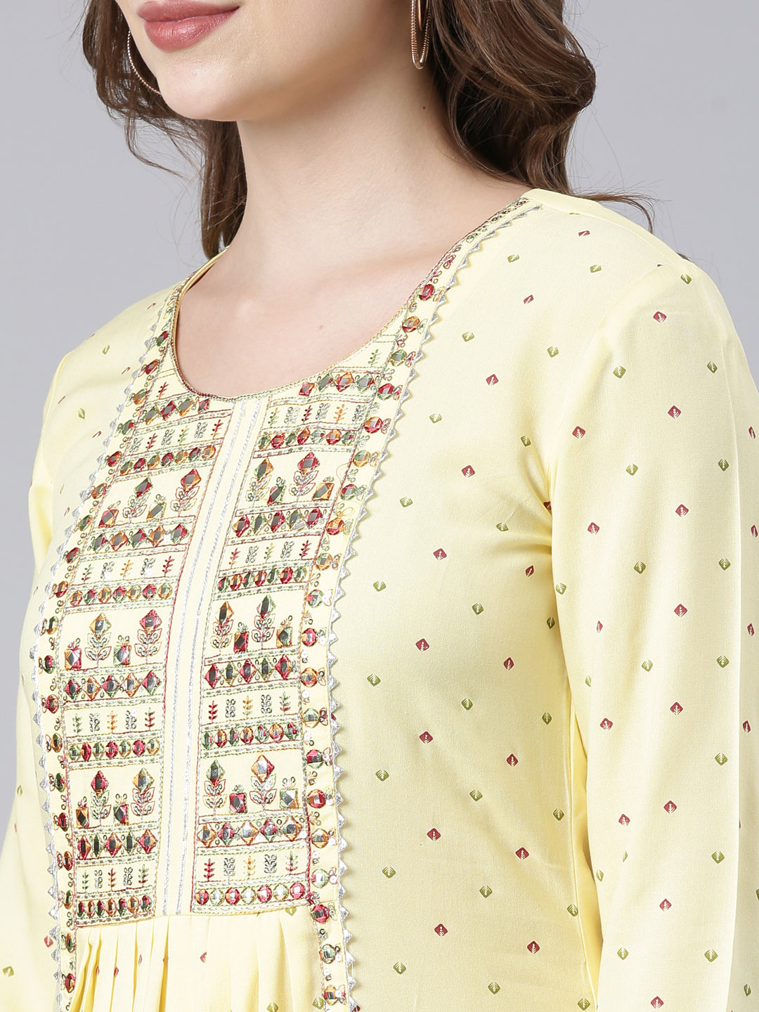 Neerus Yellow Panelled Anarkali Floral Kurtas