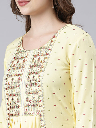 Neerus Yellow Panelled Anarkali Floral Kurtas