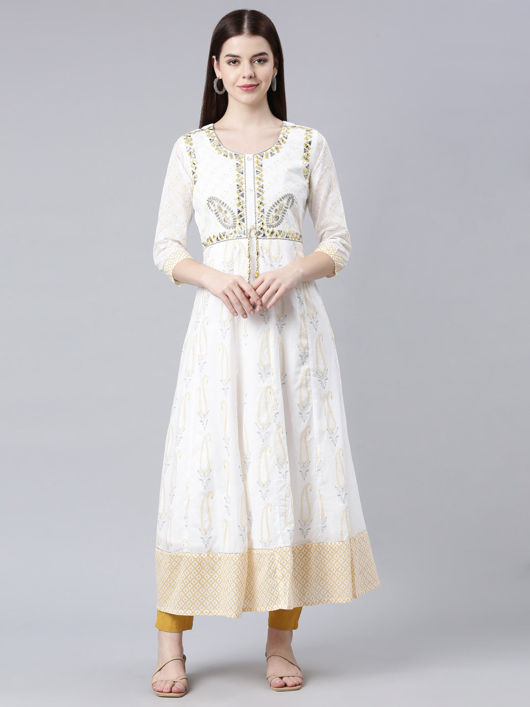 Neerus White Straight Casual Ethnic Motifs Maxi Dresses