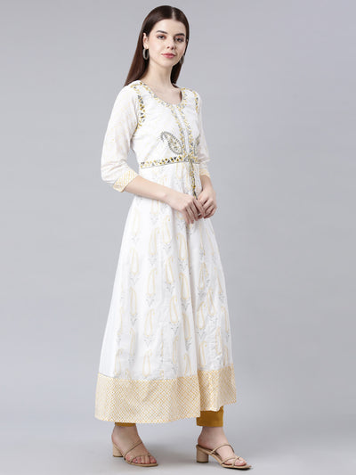 Neerus White Straight Casual Ethnic Motifs Maxi Dresses