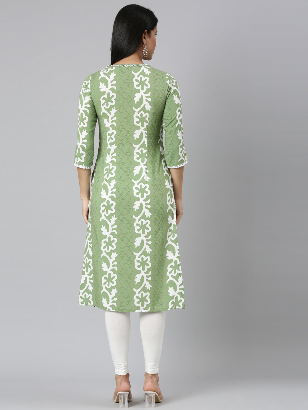 Neerus Green Straight Casual Floral Straight Kurtas