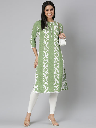 Neerus Green Straight Casual Floral Straight Kurtas