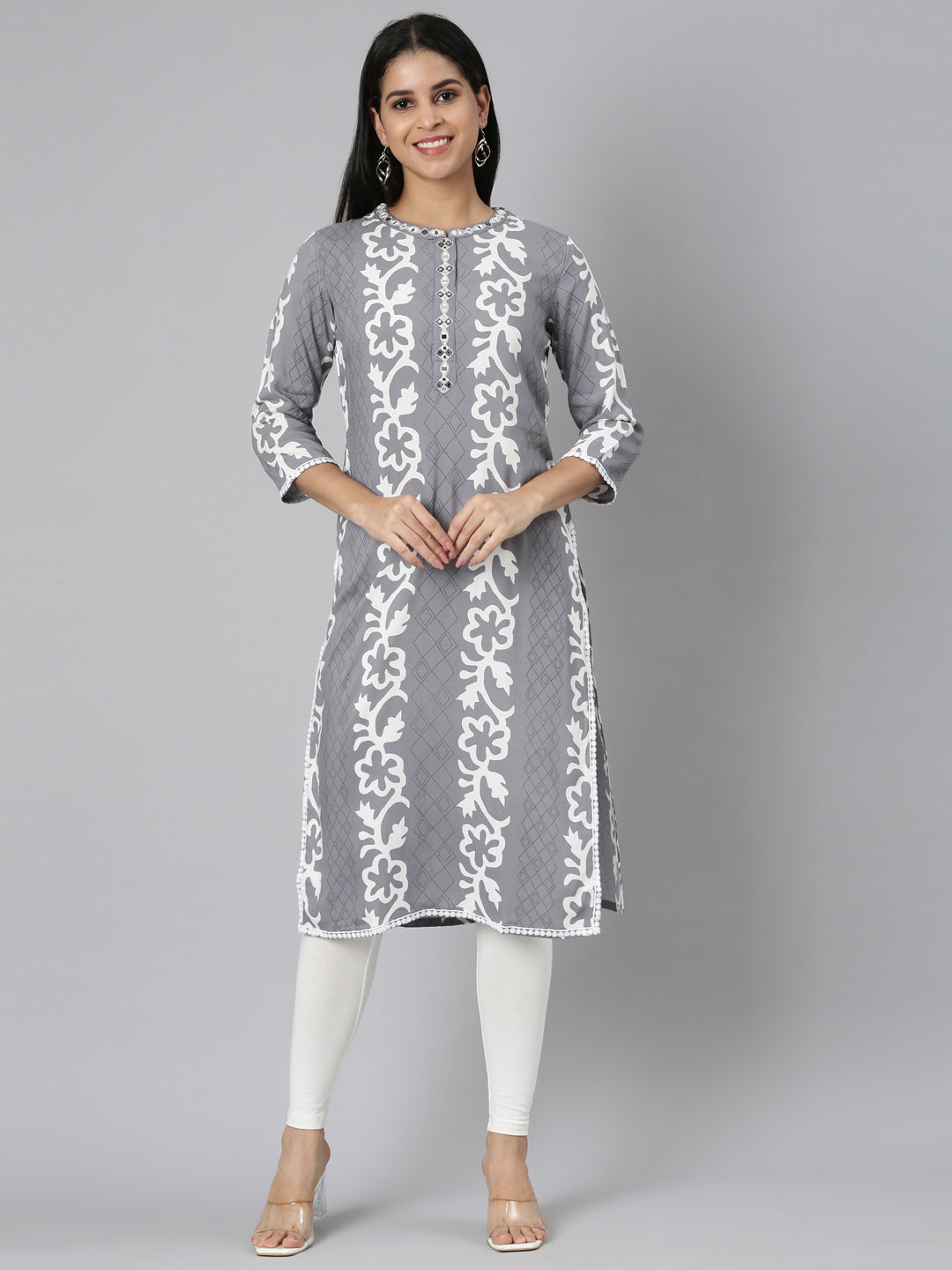 Neerus Grey Straight Casual Floral Straight Kurtas