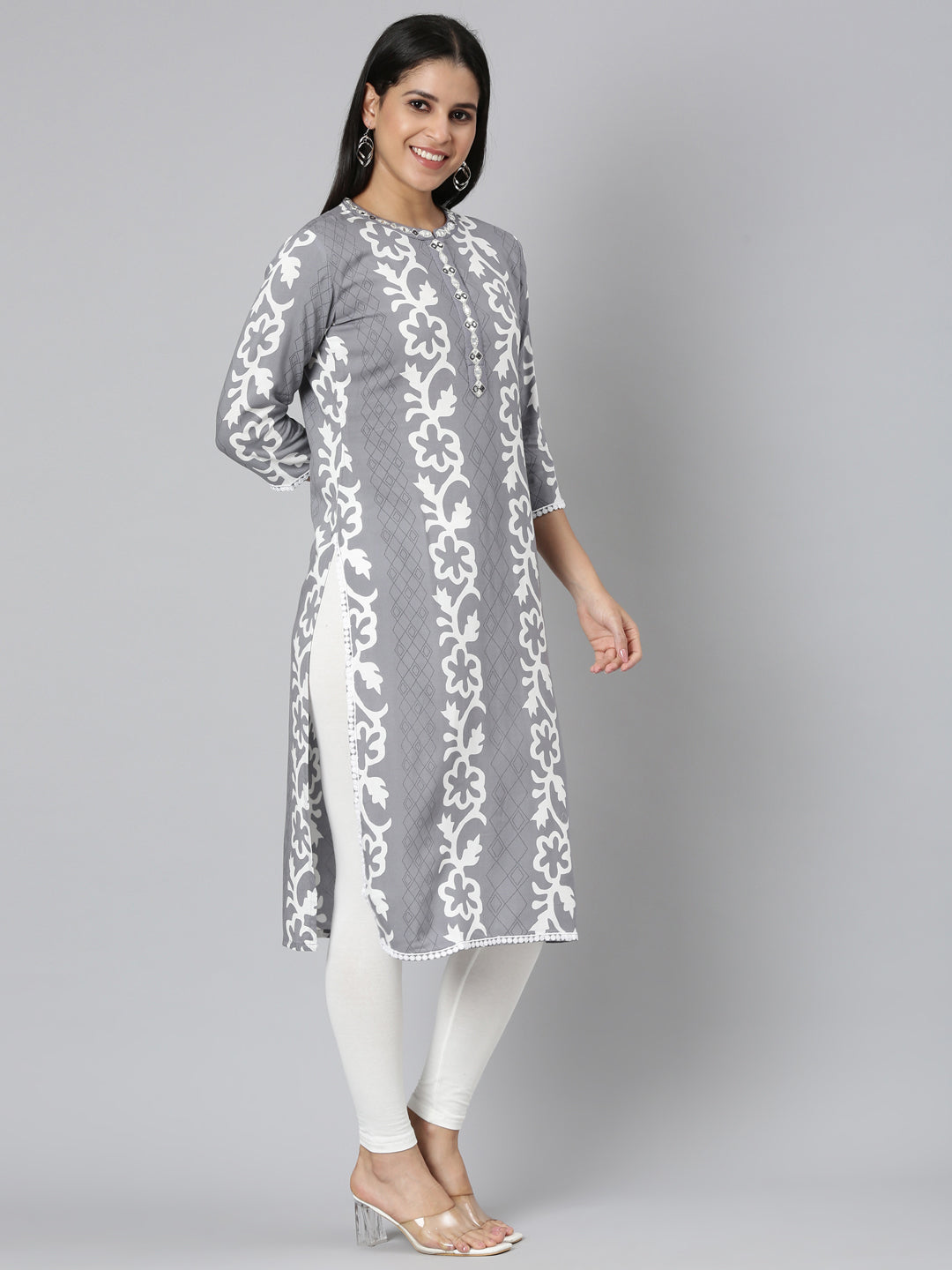 Neerus Grey Straight Casual Floral Straight Kurtas