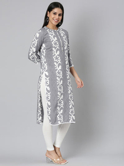 Neerus Grey Straight Casual Floral Straight Kurtas