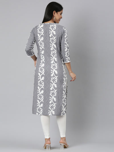 Neerus Grey Straight Casual Floral Straight Kurtas