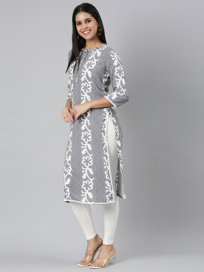 Neerus Grey Straight Casual Floral Straight Kurtas