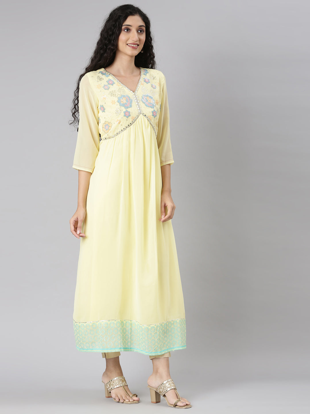 Neerus Yellow Straight Casual Floral Maxi Dresses