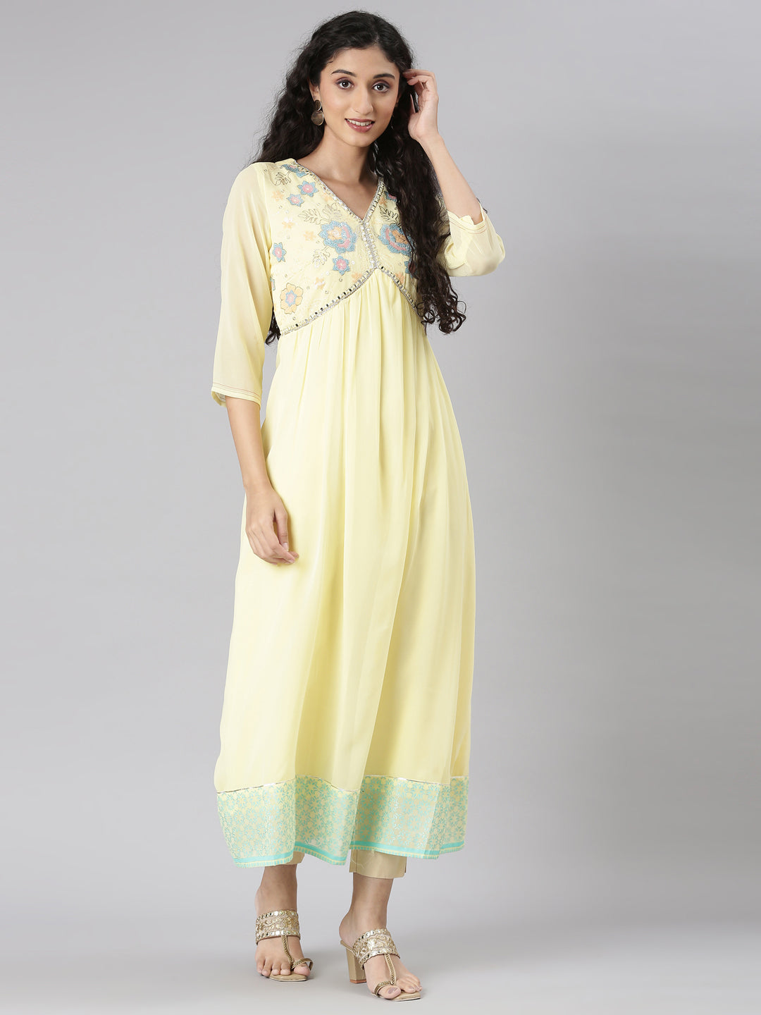 Neerus Yellow Straight Casual Floral Maxi Dresses