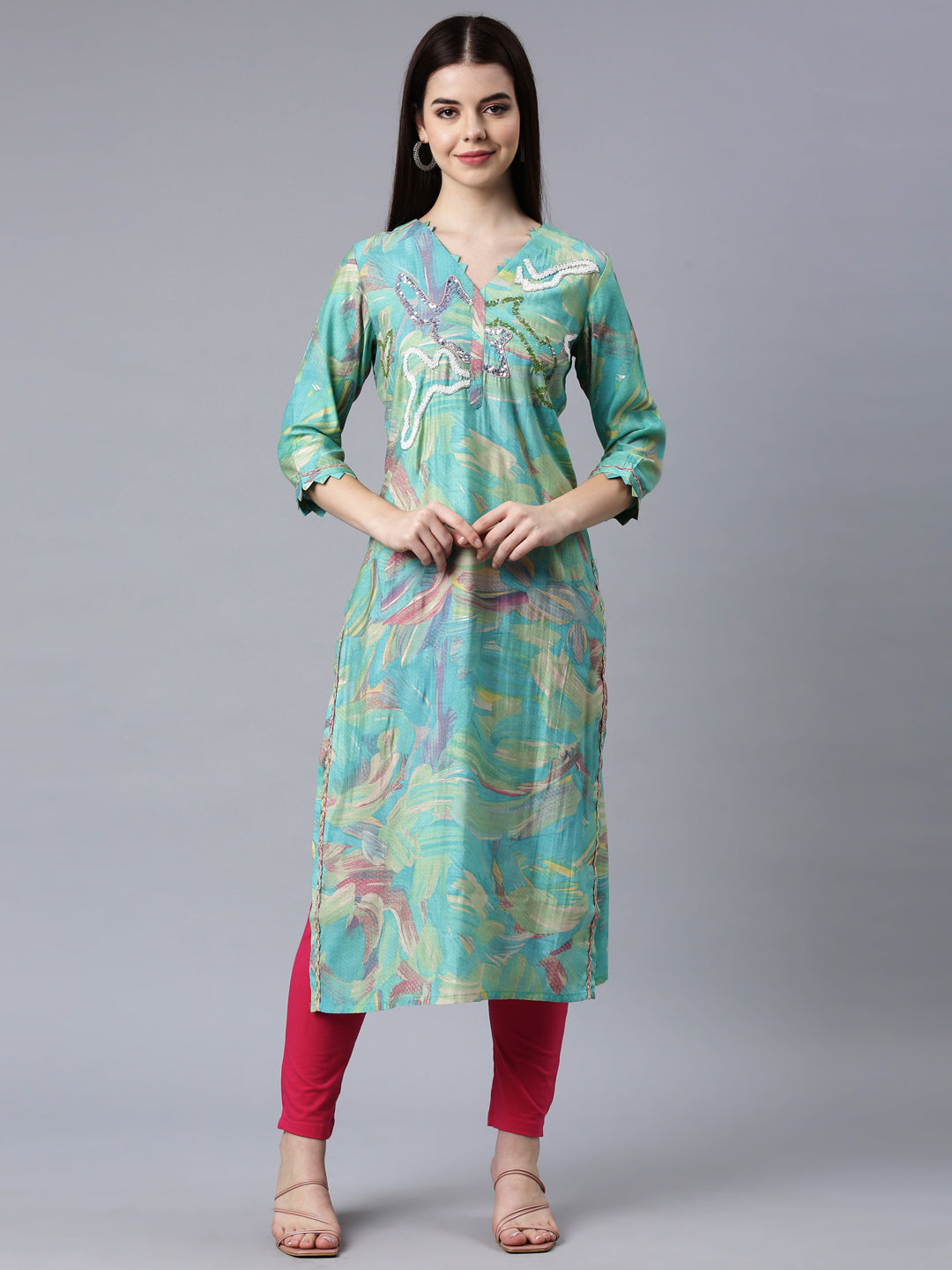 Neerus Sea Green Straight Casual Solid Straight Kurtas