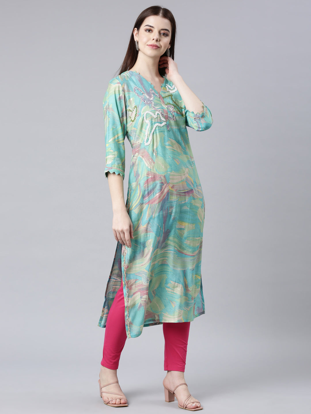 Neerus Sea Green Straight Casual Solid Straight Kurtas