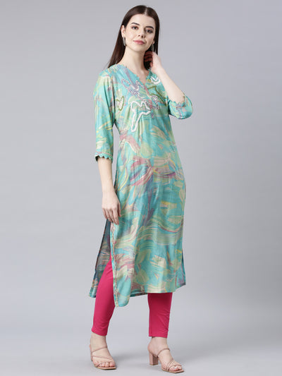 Neerus Sea Green Straight Casual Solid Straight Kurtas