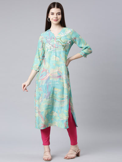 Neerus Sea Green Straight Casual Solid Straight Kurtas