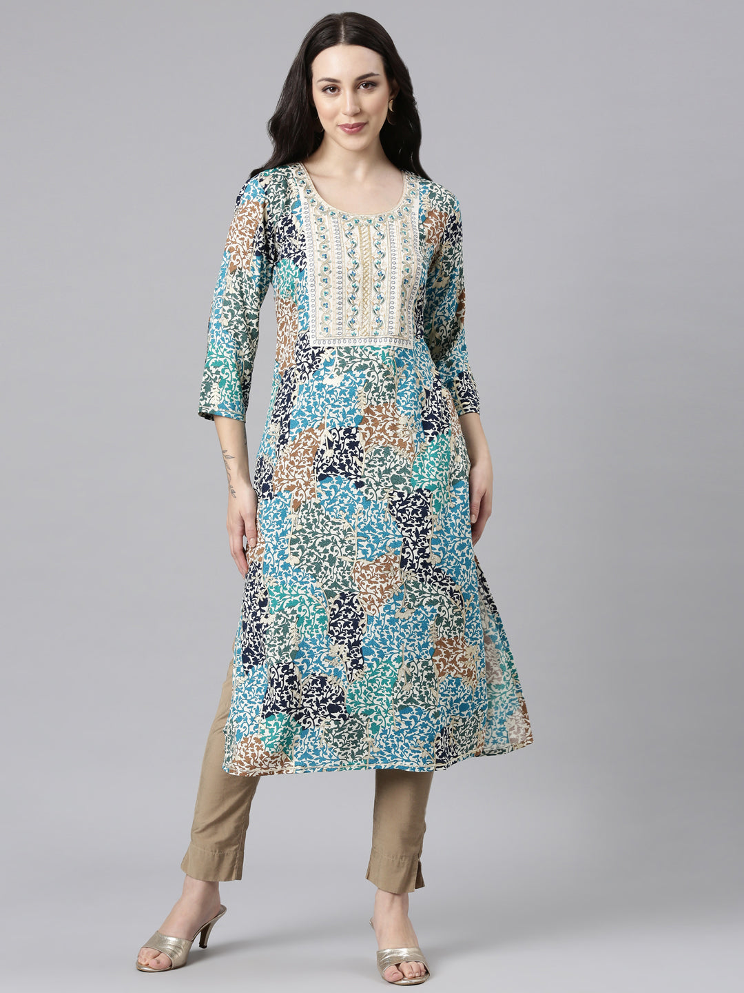 Neerus Blue Straight Casual Floral Kurtas