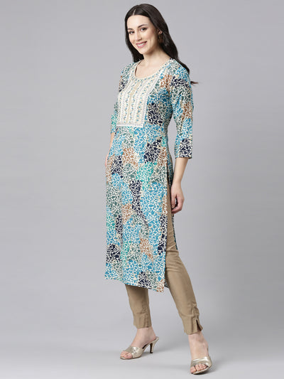 Neerus Blue Straight Casual Floral Kurtas