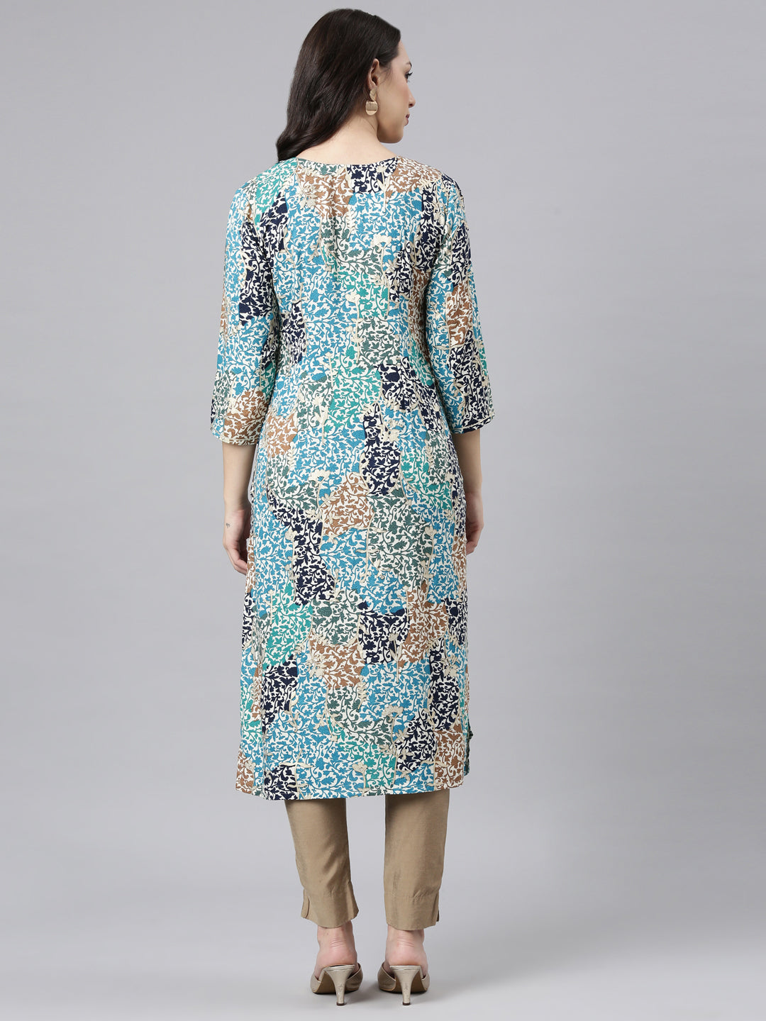 Neerus Blue Straight Casual Floral Kurtas