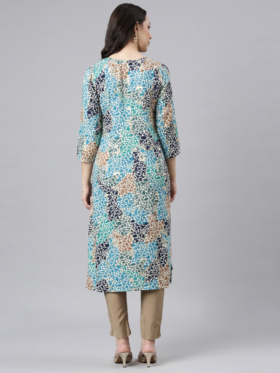 Neerus Blue Straight Casual Floral Kurtas