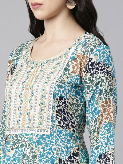 Neerus Blue Straight Casual Floral Kurtas