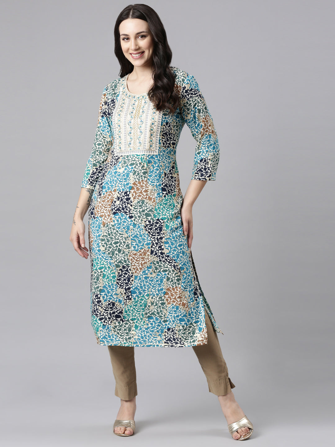 Neerus Blue Straight Casual Floral Kurtas