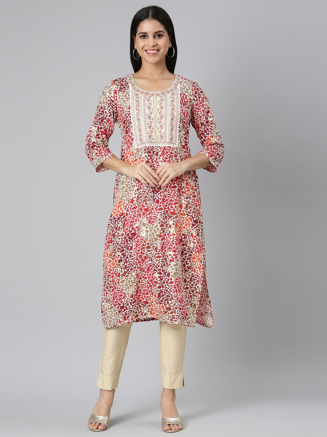 Neerus Red Straight Casual Floral Straight Kurtas