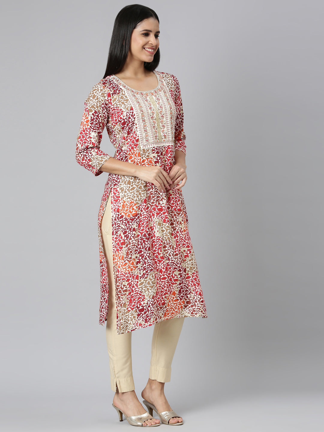 Neerus Red Straight Casual Floral Straight Kurtas