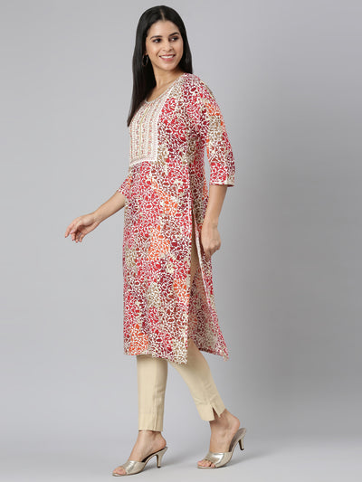 Neerus Red Straight Casual Floral Straight Kurtas