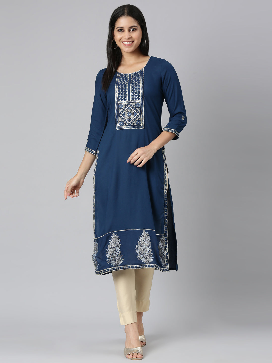 Neerus Blue Straight Casual Solid Straight Kurtas