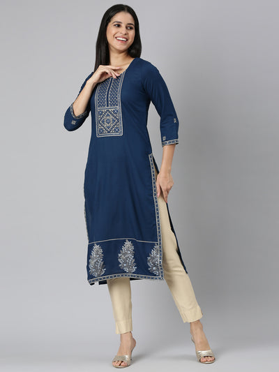 Neerus Blue Straight Casual Solid Straight Kurtas